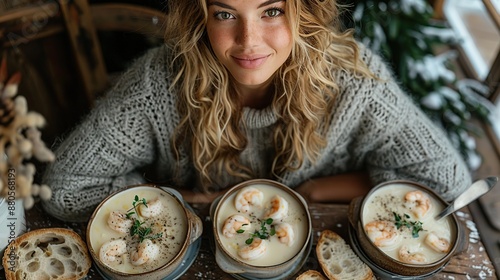 Woman Enjoying Creamy Shrimp Soup with Bread