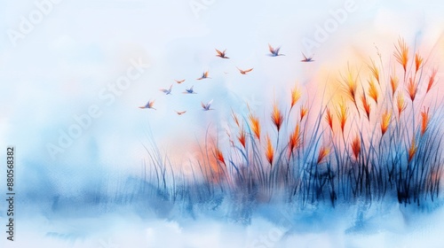 Serene watercolor painting of flying birds and tall grass in vibrant colors, blending nature's calm and beauty in abstract art.