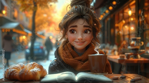 Smiling Woman Enjoying a Warm Drink on a Snowy Day