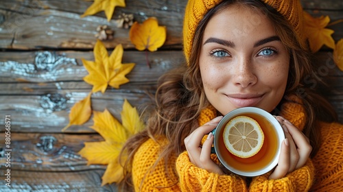 Smiling Woman Enjoying Warm Drink on a Fall Day