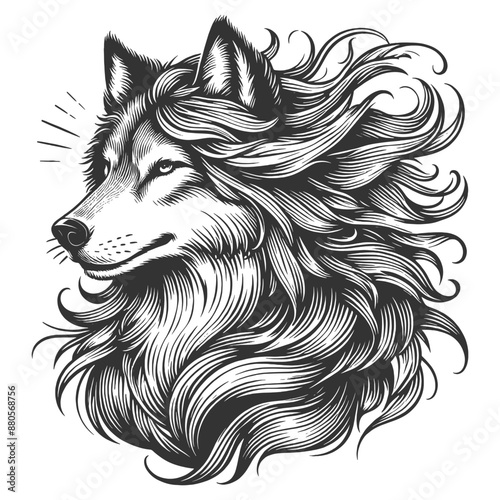 majestic wolf with flowing female hair fur, capturing a regal and wild essence sketch engraving generative ai vector illustration. Scratch board imitation. Black and white image.