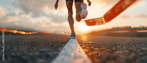 Close-up of a runner's legs crossing the finish line during a race at sunset, showcasing determination and achievement. photo