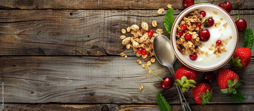 Vegetarian concept food of granola strawberries cherry nuts and yogurt in a bowl on a wooden table with copy space image Vegetarian concept food of granola strawberries cherry nuts and yogurt in a bowl on a wooden table with copy space image