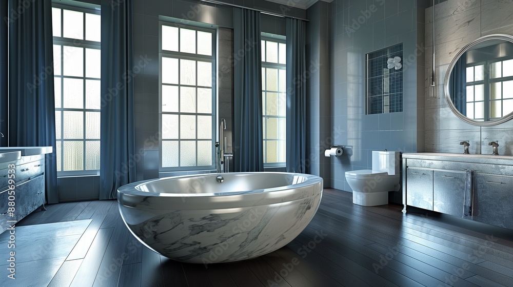 High-end bathroom design with a spacious oval-shaped white marble bathtub, silver fixtures, and large windows framed by dark blue curtains. The High-end bathroom design with a spacious oval-shaped white marble bathtub, silver fixtures, and large windows framed by dark blue curtains. The
