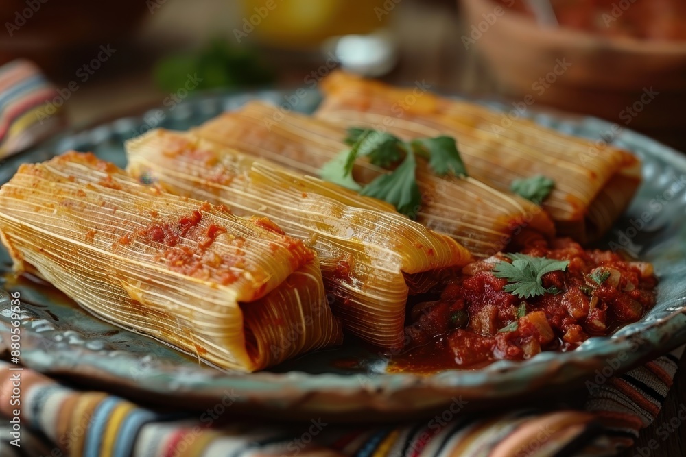 Fototapeta premium A serving of tamales wrapped in corn husks, with one opened to reveal the masa and savory meat filling, accompanied by a spicy red sauce.