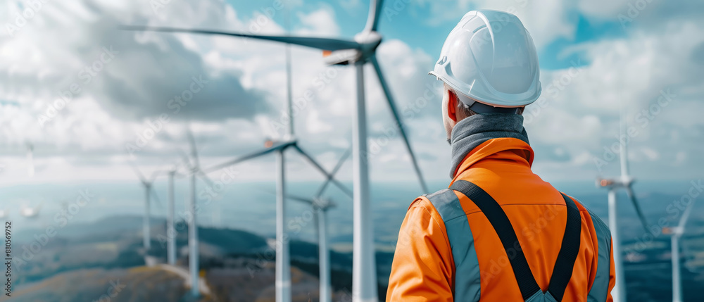 Engineer in orange safety gear inspecting large wind turbines on a cloudy day for renewable energy production. Engineer in orange safety gear inspecting large wind turbines on a cloudy day for renewable energy production.