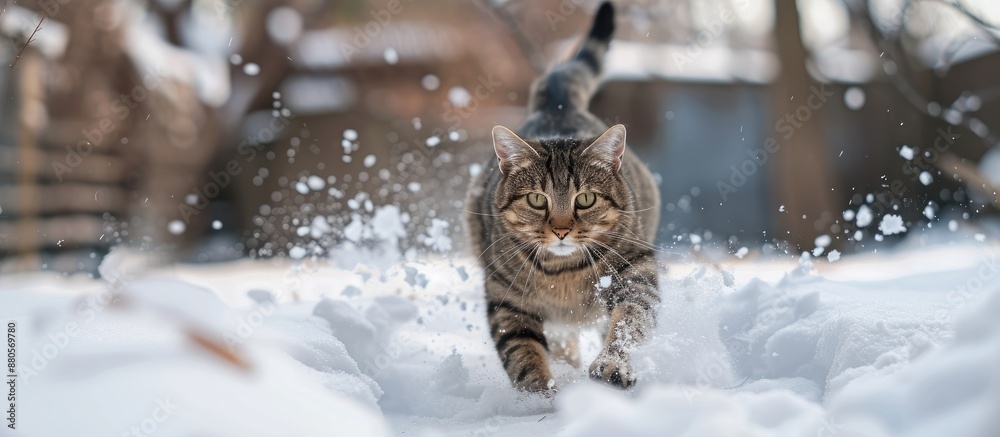 Obraz premium Tabby domestic shorthair cat dashing through deep snow in the backyard with copy space image