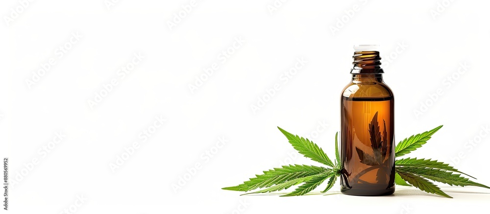 Isolated on a white background a bottle of Cannabis oil with a leaf next to it with available space for text or other images. copy space available Isolated on a white background a bottle of Cannabis oil with a leaf next to it with available space for text or other images. copy space available