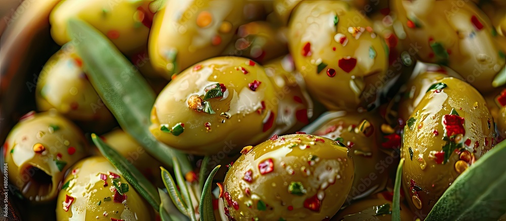A variety of zesty green olives bathed in aromatic olive oil and seasoning displayed in a copy space image A variety of zesty green olives bathed in aromatic olive oil and seasoning displayed in a copy space image
