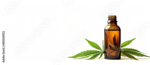 Isolated on a white background a bottle of Cannabis oil with a leaf next to it with available space for text or other images. copy space available photo