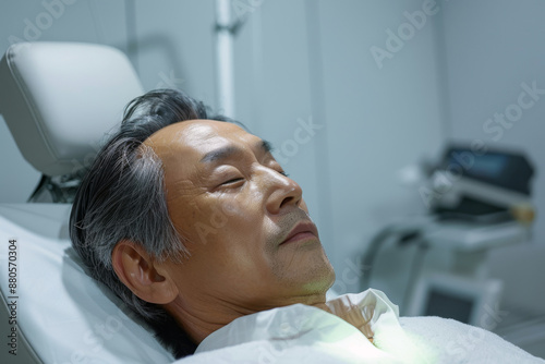 A middle-aged Korean man receiving a relaxing facial treatment with laser therapy in a clinic