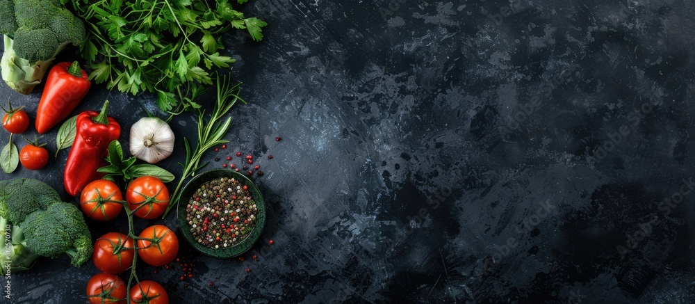 Top view of fresh seasonal vegetables and herbs ready for cooking dinner set on a dark surface with copy space image Top view of fresh seasonal vegetables and herbs ready for cooking dinner set on a dark surface with copy space image