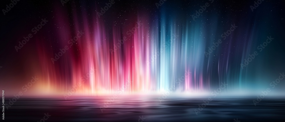 Stunning abstract light display over water with vibrant colors in blue, red, and purple, creating a mesmerizing and ethereal atmosphere.