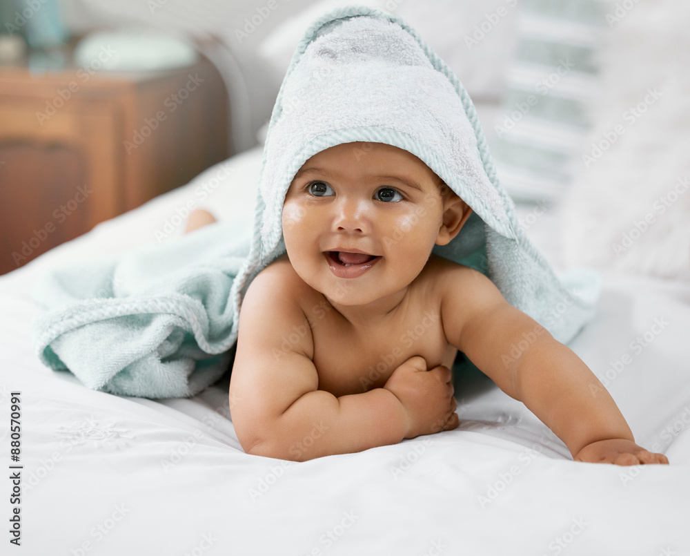 Child development, cute and blanket with baby on bed in home for growth, having fun or playing. Adorable, balance and smile with happy newborn infant learning to crawl in bedroom of apartment Child development, cute and blanket with baby on bed in home for growth, having fun or playing. Adorable, balance and smile with happy newborn infant learning to crawl in bedroom of apartment
