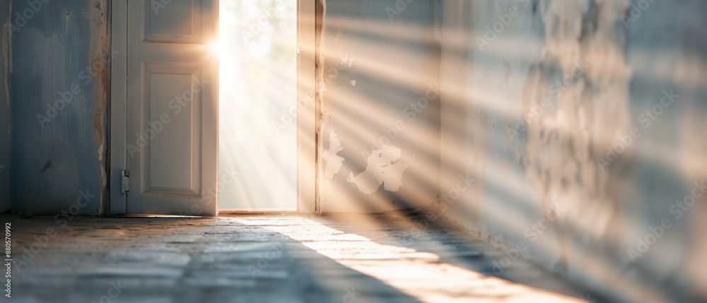 Sunlight streaming through an open door into an empty room, creating dramatic light beams and shadows on the floor and walls. Sunlight streaming through an open door into an empty room, creating dramatic light beams and shadows on the floor and walls.