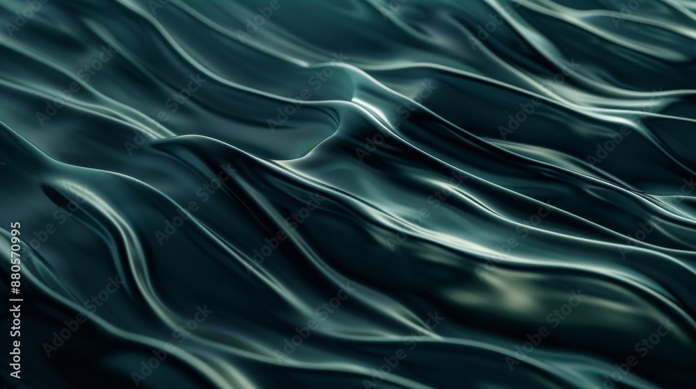 Fototapeta premium Mesmerizing dark green metallic liquid flows in elegant waves, reflecting light and shadows, creating a luxurious modern design with a unique pattern and texture