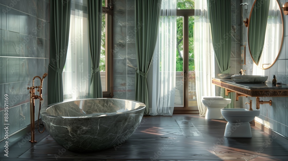 Luxury high-end bathroom with a spacious oval-shaped grey marble bathtub, copper fixtures, and large windows draped with sheer green curtains. The Luxury high-end bathroom with a spacious oval-shaped grey marble bathtub, copper fixtures, and large windows draped with sheer green curtains. The