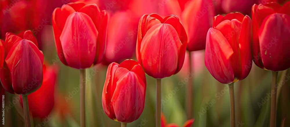 Fototapeta premium Macro shot of vibrant red tulips ideal for a holiday card or background with ample copy space image for text overlay