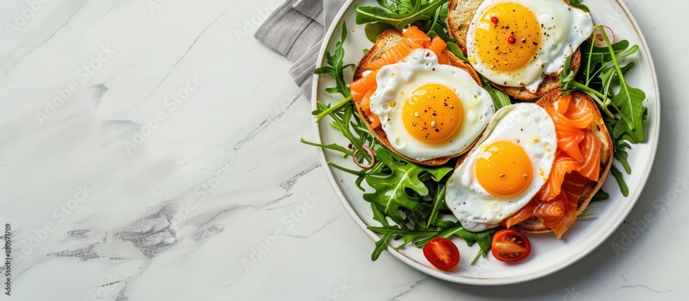 Top down view of a nutritious breakfast spread featuring fried eggs salmon sandwiches and a fresh salad on a plate with empty space for adding text or graphics. copy space available Top down view of a nutritious breakfast spread featuring fried eggs salmon sandwiches and a fresh salad on a plate with empty space for adding text or graphics. copy space available
