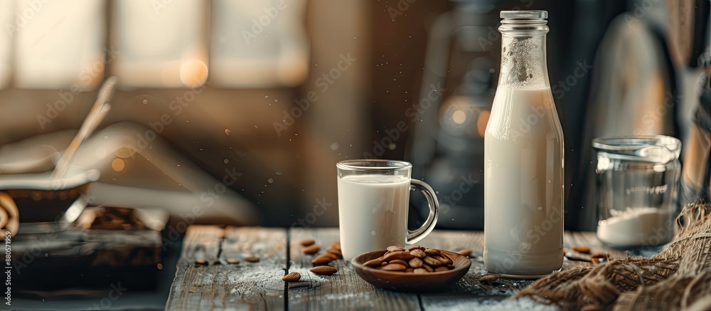 There is a bottle and glass of delicious almond milk on the table with copy space image
