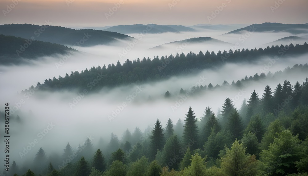 Fototapeta premium Beautiful view offer a foggy forest from top of hill