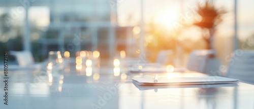 Wallpaper Mural Sunrise fills a modern, minimalistic office space with warm light, reflecting off a sleek conference table set for a productive meeting. Torontodigital.ca