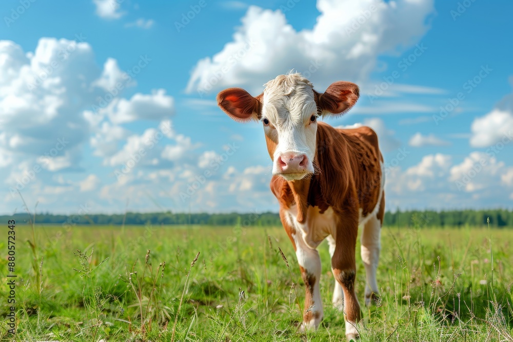Adorable cow grazing on lush meadow under blue sky with clouds canon eos closeup in nature Adorable cow grazing on lush meadow under blue sky with clouds canon eos closeup in nature
