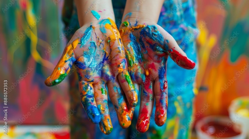 Obraz premium Hands covered in paint, one in blue and one in yellow