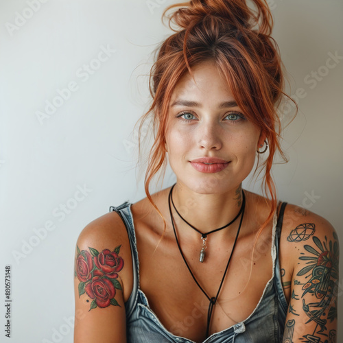 Young Caucasian Female Influencer with Red Hair and Trendy Floral Tattoos