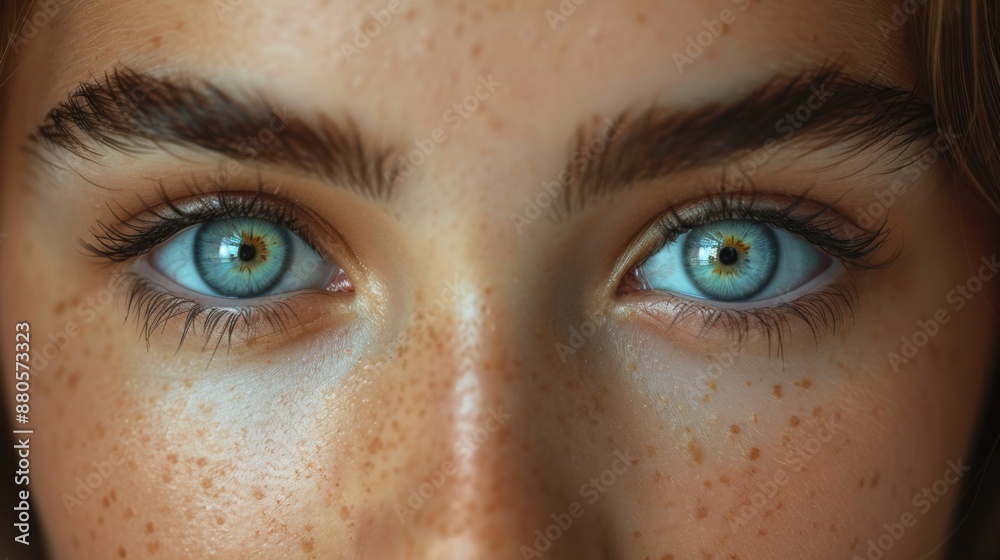 Close-up of a woman's eyes, focusing on her blue irises and freckled skin. Close-up of a woman's eyes, focusing on her blue irises and freckled skin.