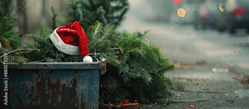 Santa hat on a Christmas tree discarded on the street thrown into a trash bin after year end festivities in a copy space image