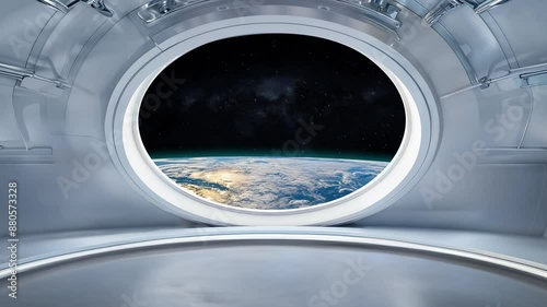 l'intérieur d'une station spatiale pour présentation de produit avec en arrière-plan l'espace et la Terre