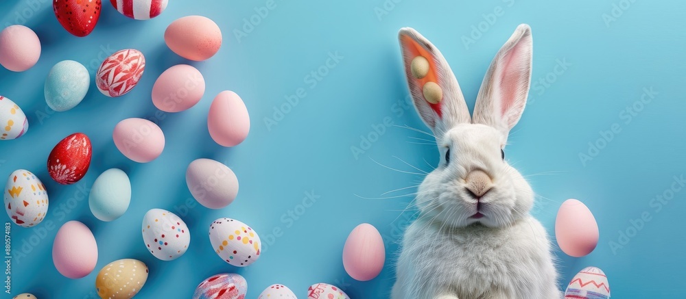 An image with a close up of the Easter Bunny surrounded by vibrant eggs on a blue backdrop offers ample copy space for additional content An image with a close up of the Easter Bunny surrounded by vibrant eggs on a blue backdrop offers ample copy space for additional content