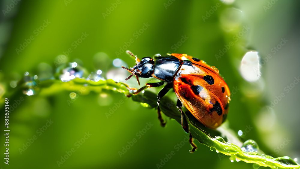 Fototapeta premium High resolution macro photo of ladybug on leaf with water drops close-up wallpaper