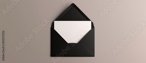 Mockup featuring a black envelope and an empty white card against a grey background ideal for invitations or greetings with available copy space image