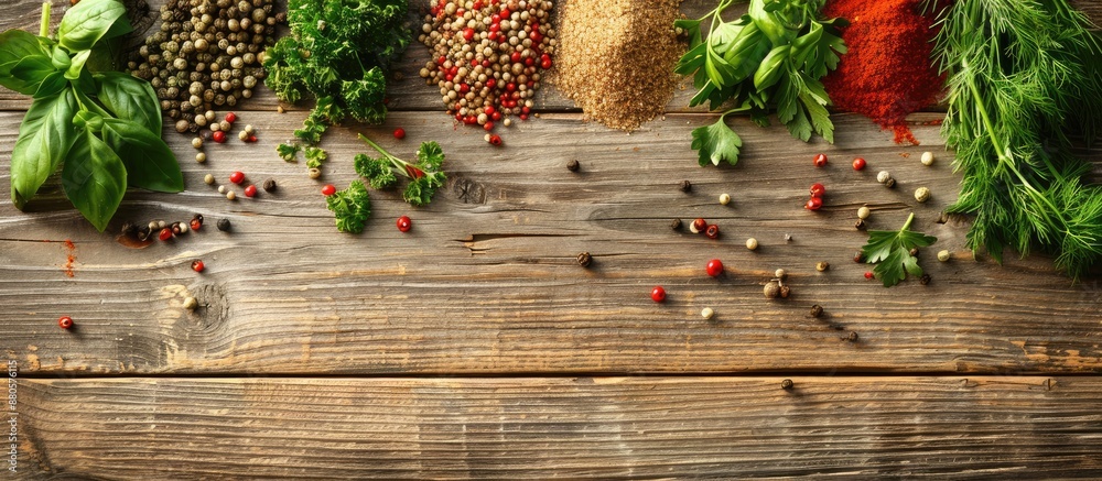Wooden table with assorted spices for cooking including pepper dill and parsley creating an inviting scene with copy space image included Wooden table with assorted spices for cooking including pepper dill and parsley creating an inviting scene with copy space image included