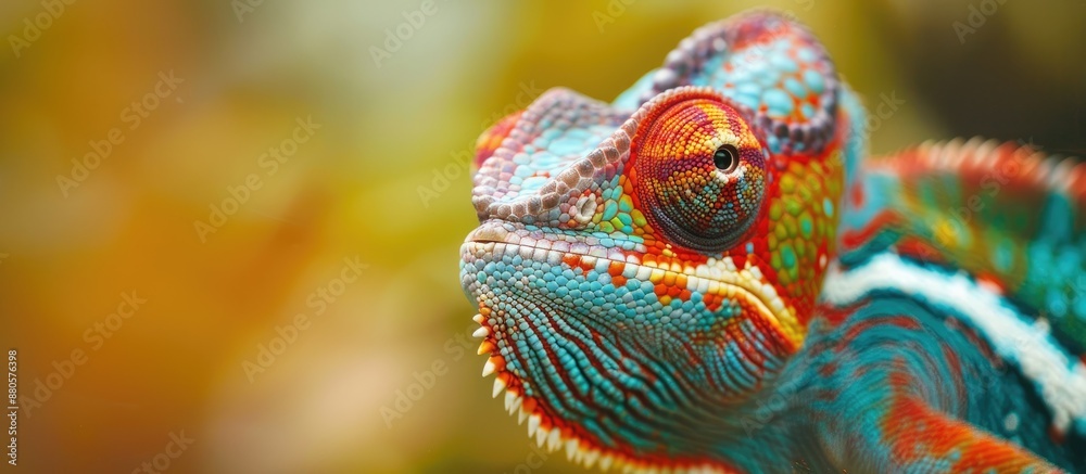 Colorful chameleon in close up gaze facing the camera with copy space image Colorful chameleon in close up gaze facing the camera with copy space image