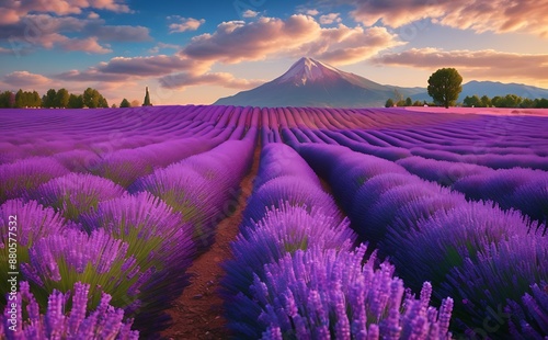 Beautiful lavender fields in Provence, France at sunset photo