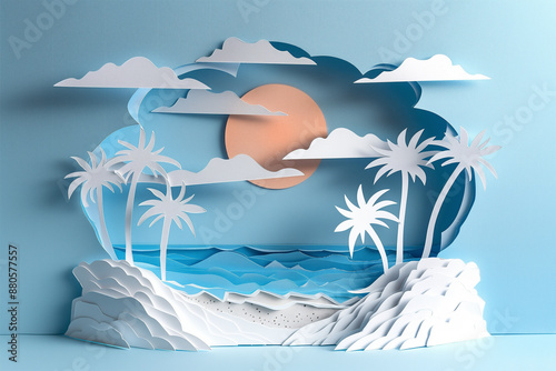 Paper cut artwork of a tropical beach scene with ocean and sunset. Generative AI image photo