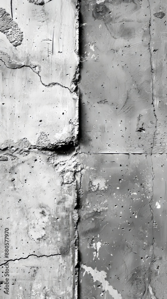 Obraz premium Close-up of a concrete surface, revealing cracks and imperfections, highlighting the texture and weathering of the material