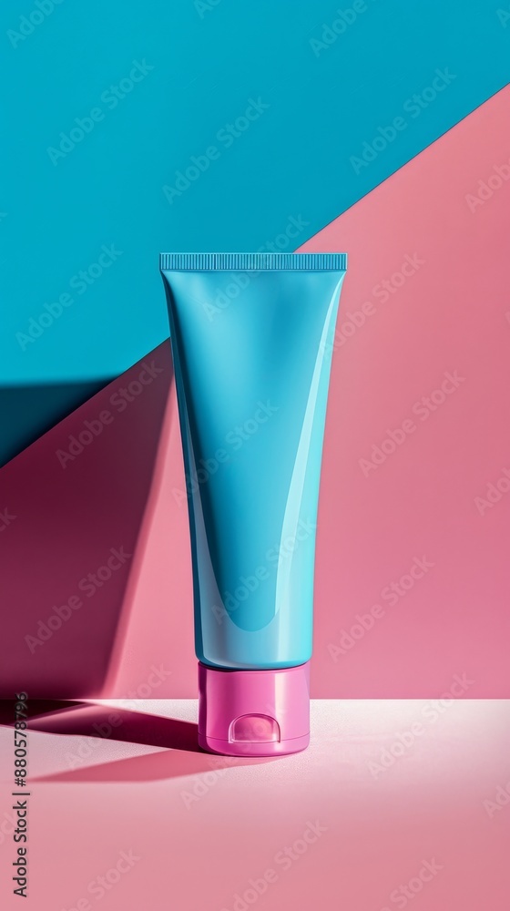 A tube of blue makeup sits on a pink background A tube of blue makeup sits on a pink background