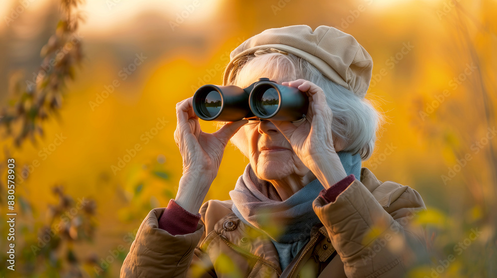 Fototapeta premium Senior woman bird watching with binoculars in nature blurred background