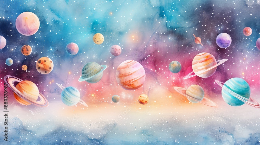 Naklejka premium Vibrant galaxy with colorful planets and stars. Beautiful cosmic scene depicting a fantastical view of outer space filled with celestial objects.