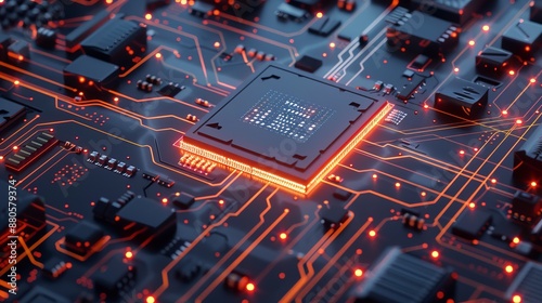 3d render of ai artificial intelligence technology featuring cpu central processor unit chipset on printed circuit board, highlighting advanced electronic and technology concepts with selective focus  photo