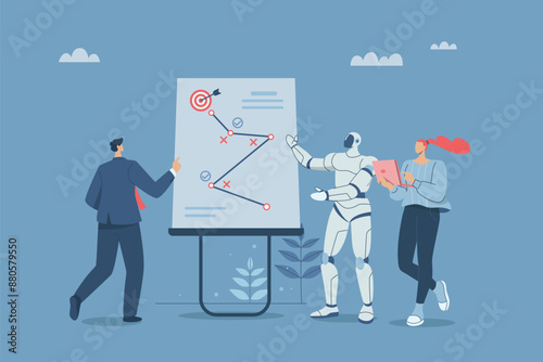 Strategic business planning, Working with artificial intelligence, AI support, Business team with robot brainstorms and plans strategic plans towards success or goals on a whiteboard.