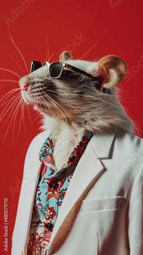 Stylish rat in a white suit and sunglasses poses humorously against a red background, showcasing its unique fashion sense with a touch of humor