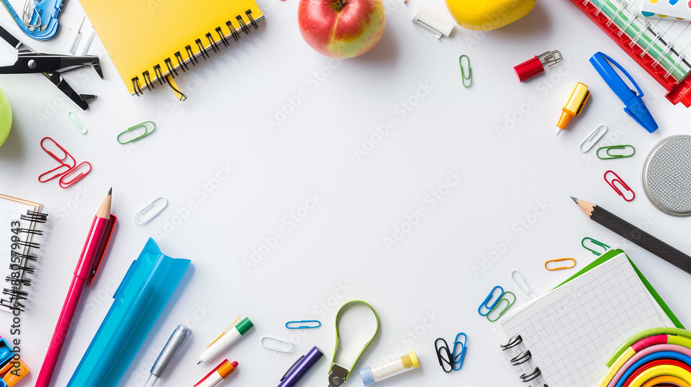 Back to School Concept: Creative Composition of School Supplies with Notebook Paper on Yellow, White, and Black Background - Top View, Flat Lay, Copy Space - Stock Photo Back to School Concept: Creative Composition of School Supplies with Notebook Paper on Yellow, White, and Black Background - Top View, Flat Lay, Copy Space - Stock Photo