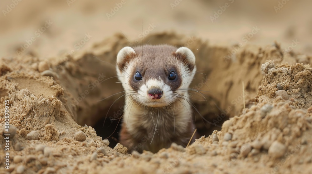 Curious european polecat peeks out of its sandy den, its dark eyes sparkling with interest in the wild Curious european polecat peeks out of its sandy den, its dark eyes sparkling with interest in the wild
