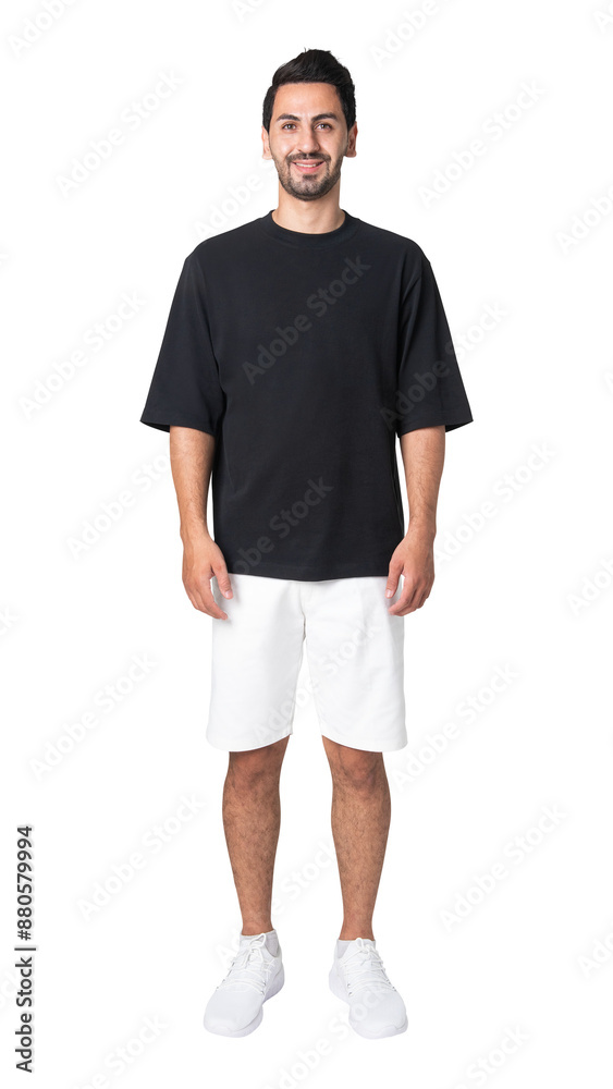 Fototapeta premium Man png mockup in black t-shirt basic wear full body