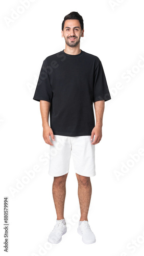 Man png mockup in black t-shirt basic wear full body photo